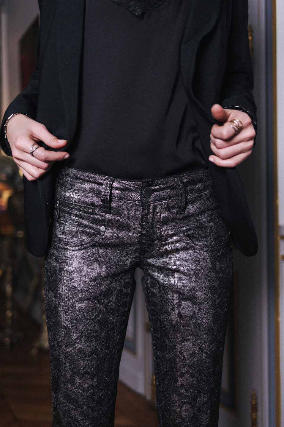 silver snakeskin effect pants