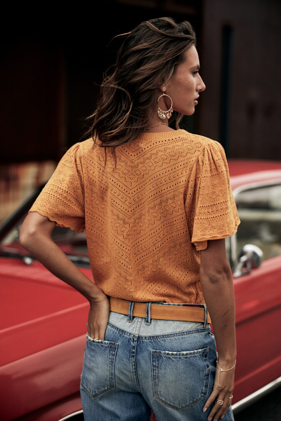 Short sleeve sweater Woman Posie Openwork Inca gold | Freeman T. Porter