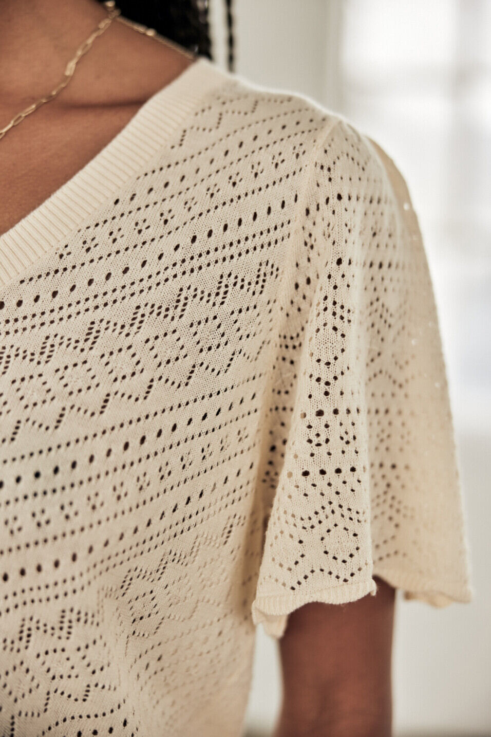 Short sleeve sweater Woman Posie Openwork Birch | Freeman T. Porter