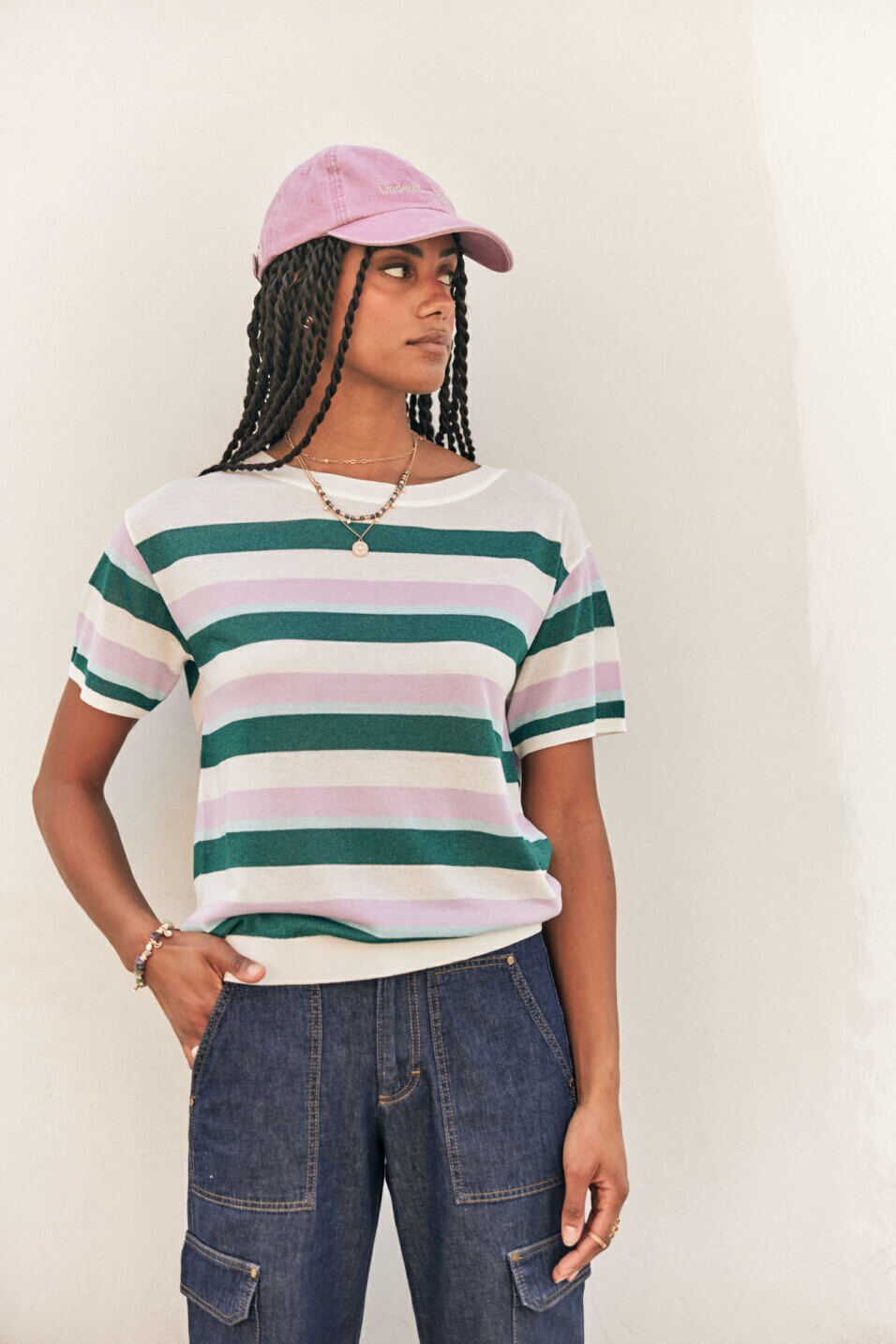 T-shirt maille rayé Femme Pelona Stripes Mauve | Freeman T. Porter