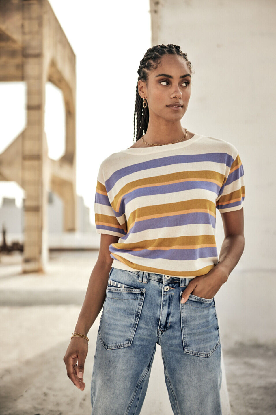 T-shirt maille rayé Femme Pelona Stripes Creme | Freeman T. Porter