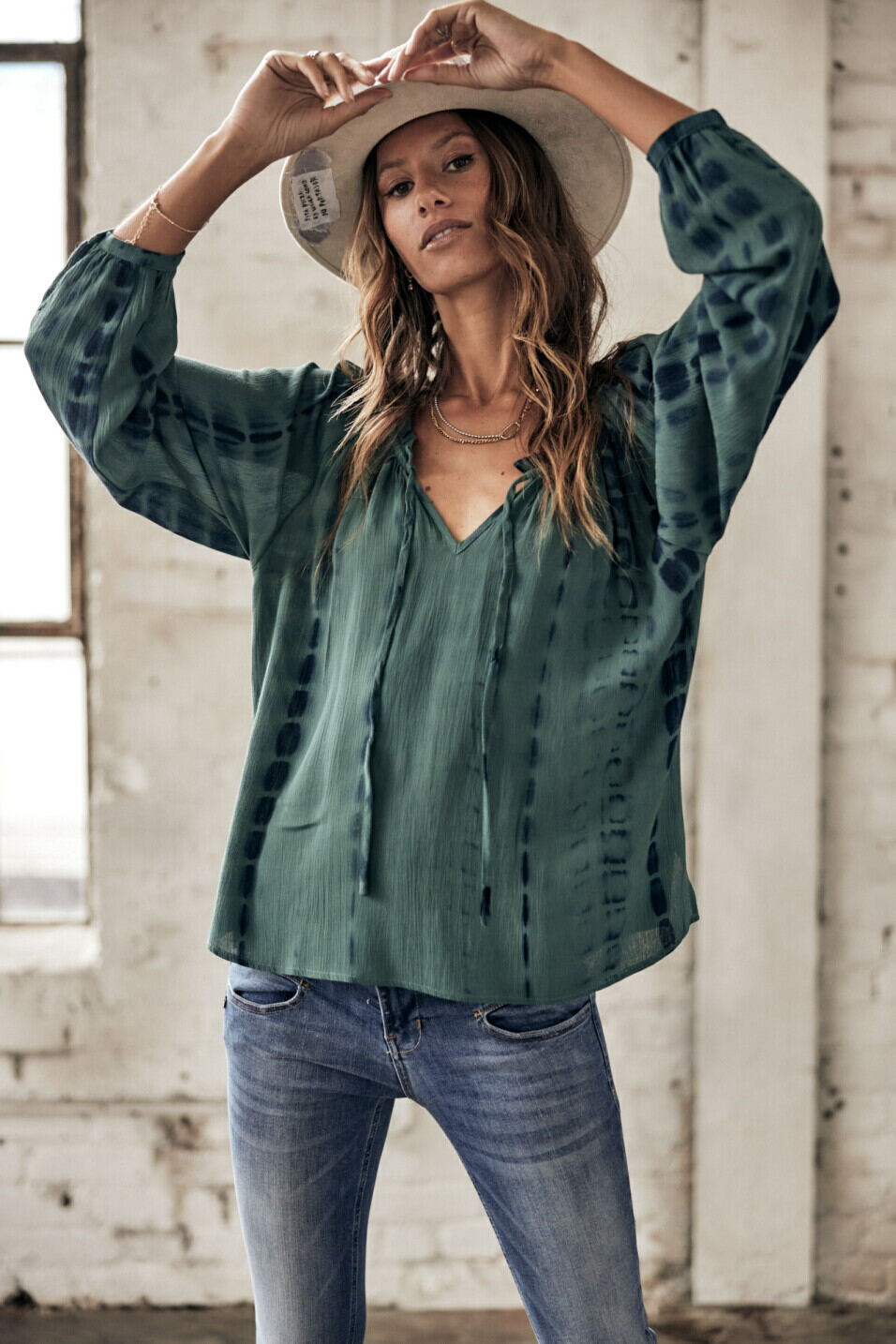 Loose blouse long sleeves Woman Talma Tie & Dye Mallard green | Freeman T. Porter