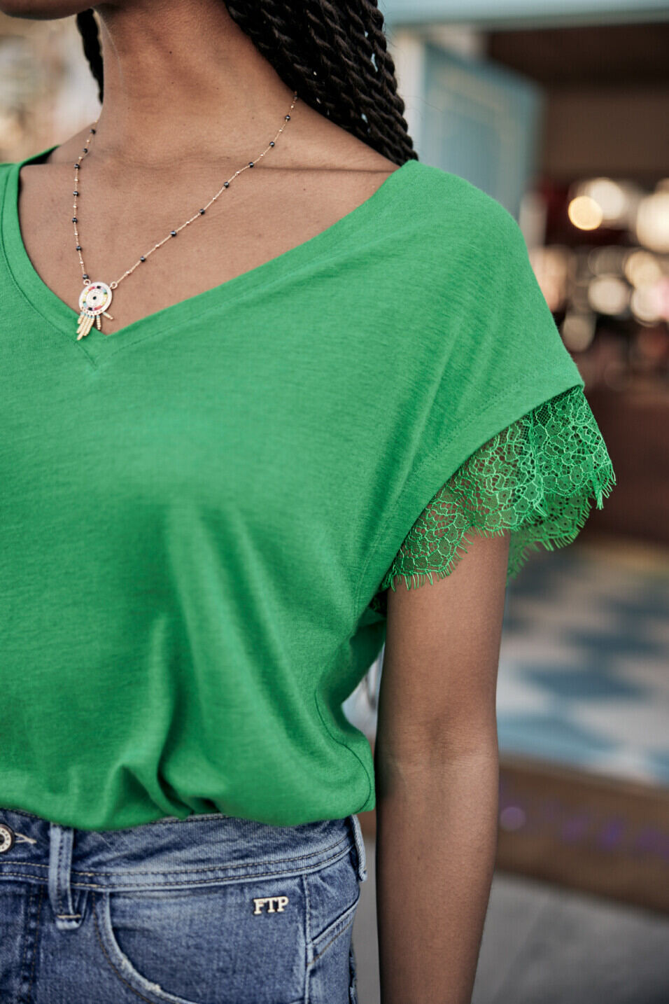 T-shirt avec dentelle Femme Tanaiss Linen Jolly green | Freeman T. Porter