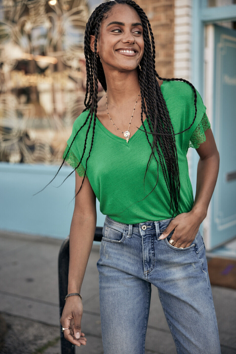T-shirt avec dentelle Femme Tanaiss Linen Jolly green | Freeman T. Porter
