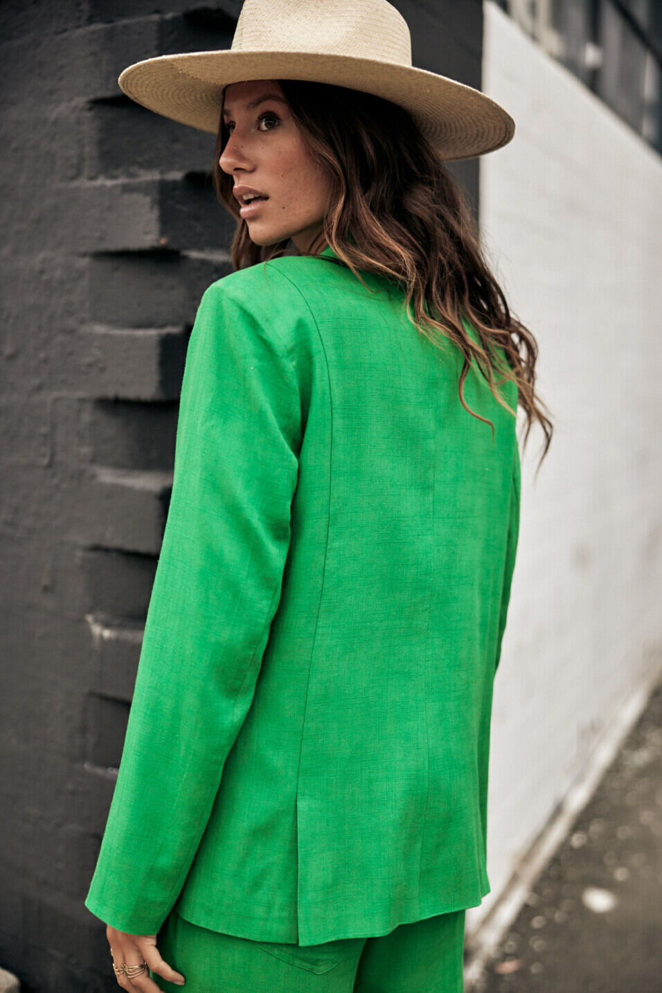 Blazer oversize Woman Bernie Plain Linen Jolly green | Freeman T. Porter