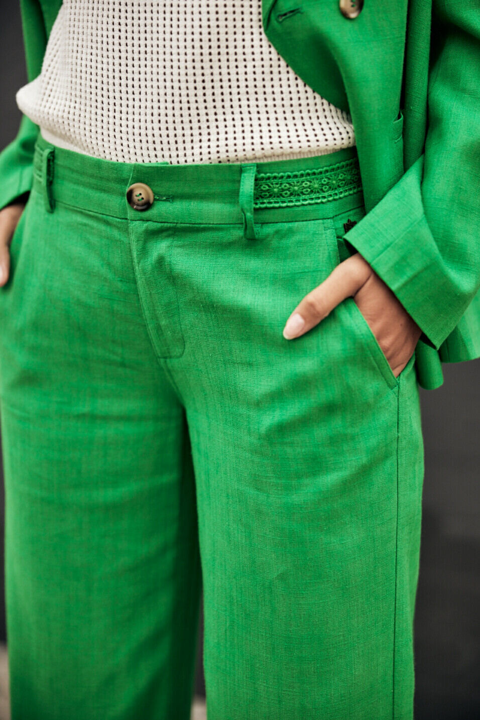 Weite Hose Woman Agatha Plain Linen Jolly green | Freeman T. Porter