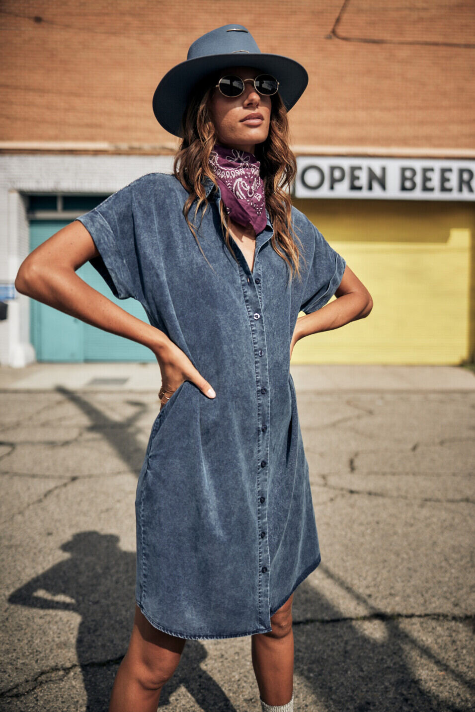 Mid-length shirt dress Woman Raffia Plain Blue | Freeman T. Porter