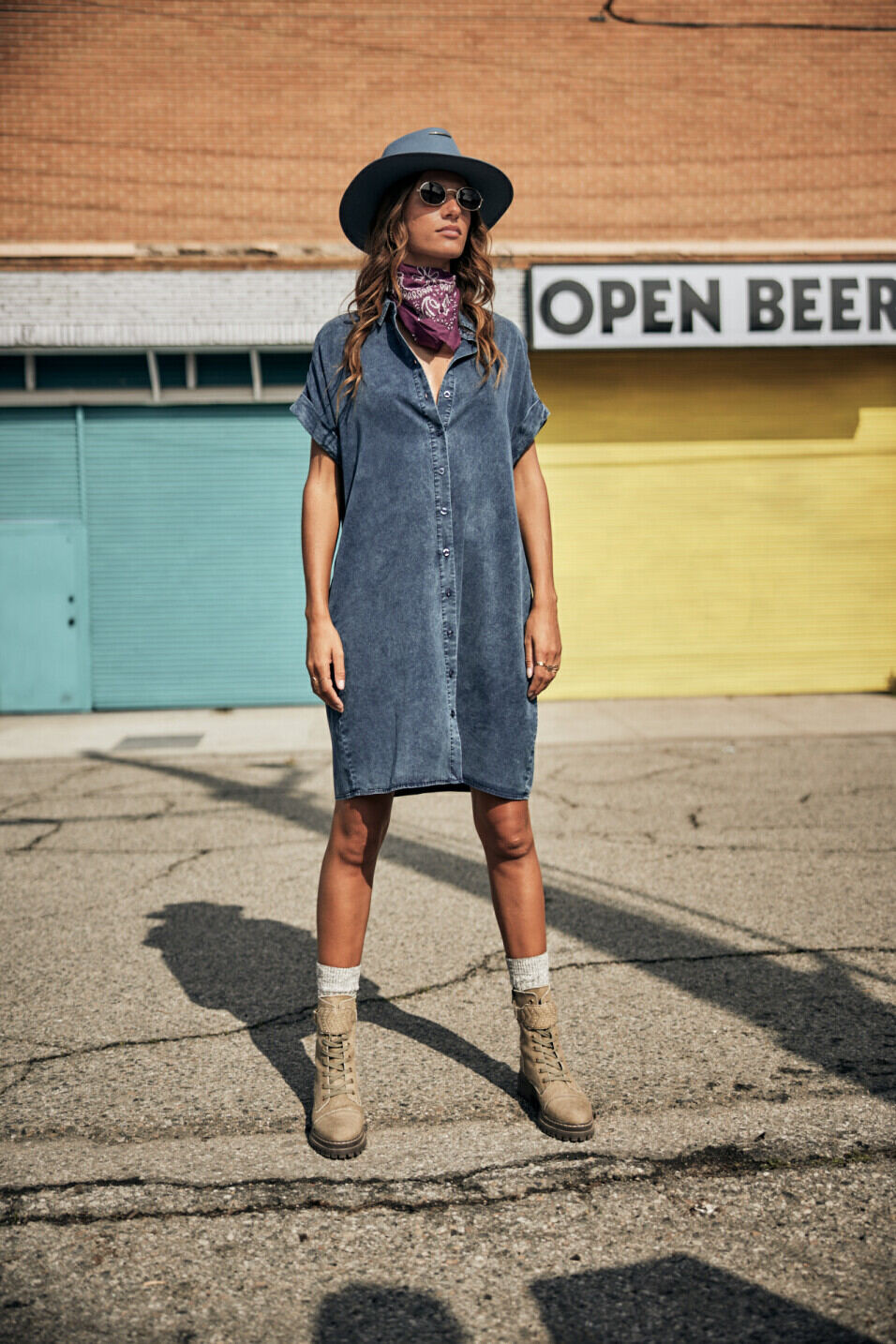 Mid-length shirt dress Woman Raffia Plain Blue | Freeman T. Porter