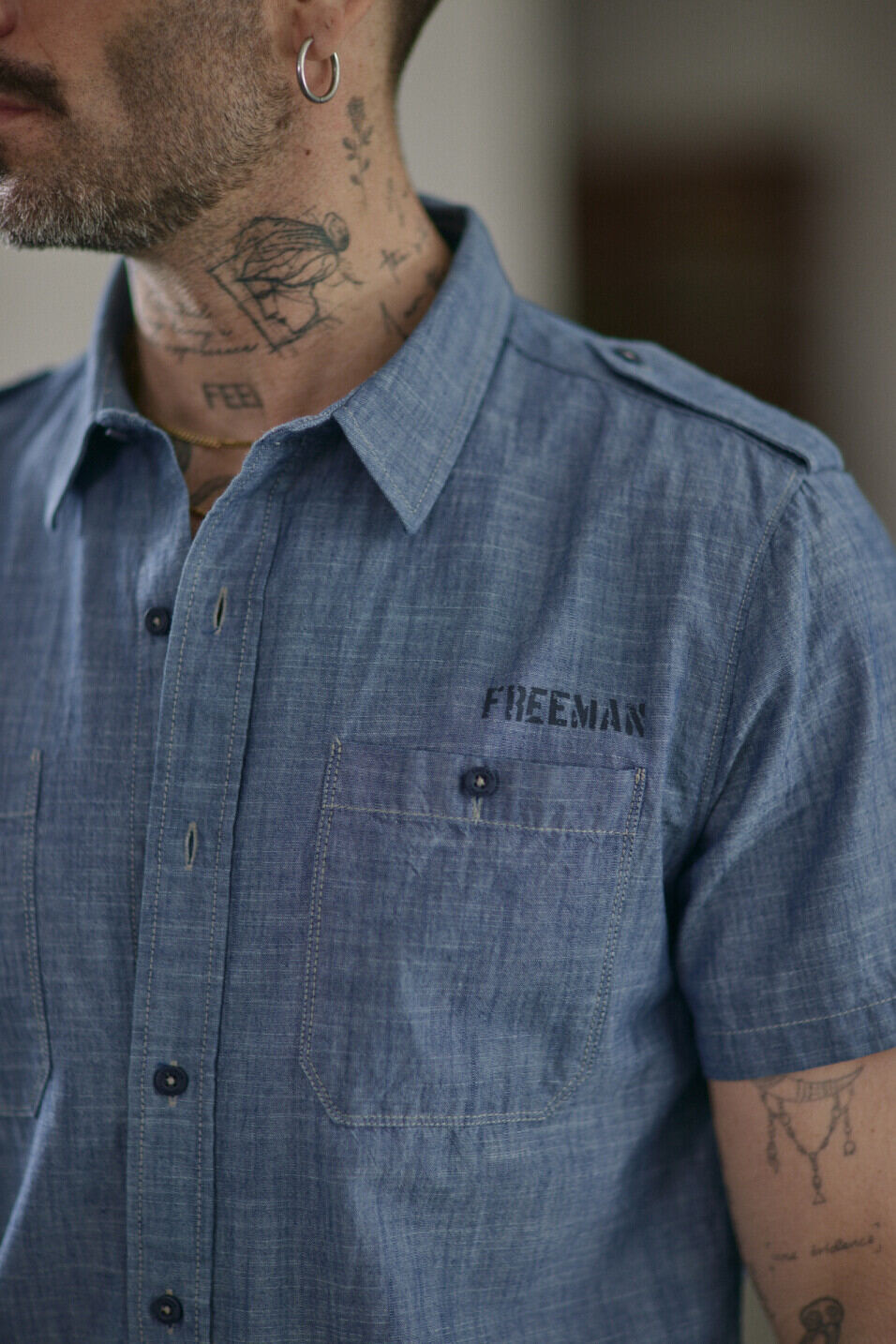Short sleeve shirt Man Glenn Denim Shoal ocean | Freeman T. Porter