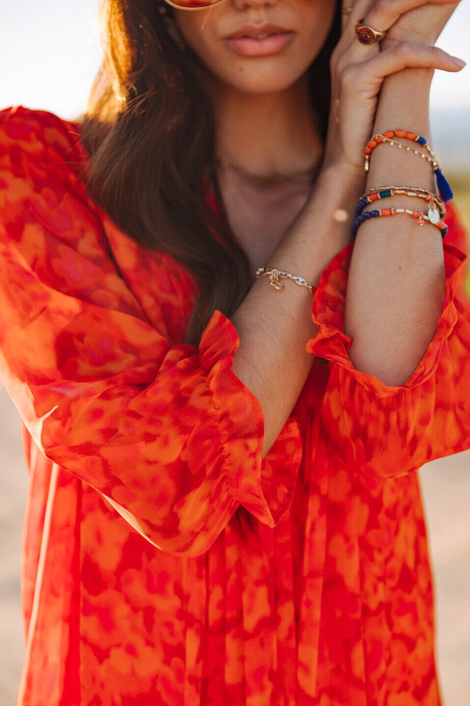 Kurzes Kleid Woman Juna Blurred Flowers Tangerine tango | Freeman T. Porter
