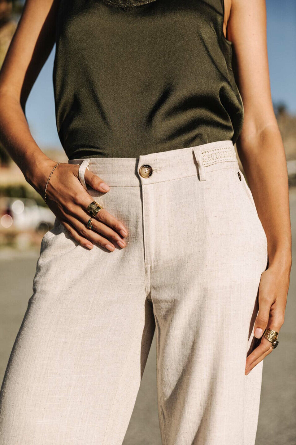 Pantalón anchos Woman Agatha Plain Linen Simply taupe | Freeman T. Porter
