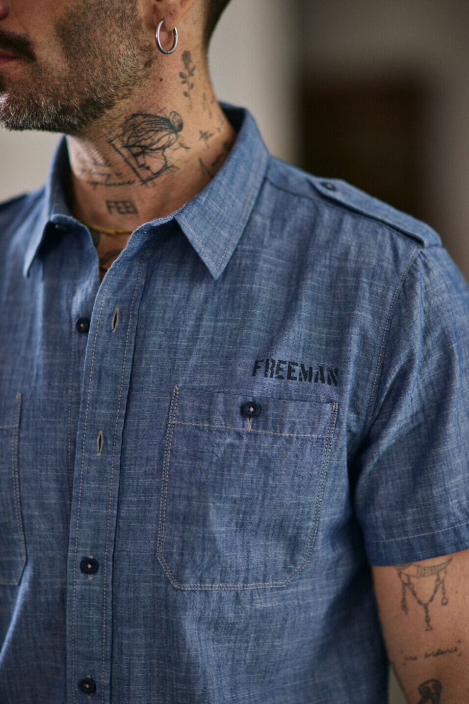 Short sleeve shirt Man Glenn Denim Shoal ocean | Freeman T. Porter