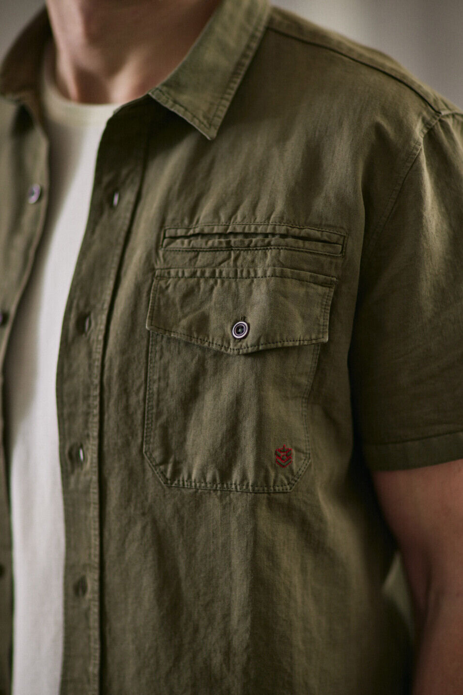 Short sleeve shirt Man Joshua Washed Linen Dusty olive | Freeman T. Porter