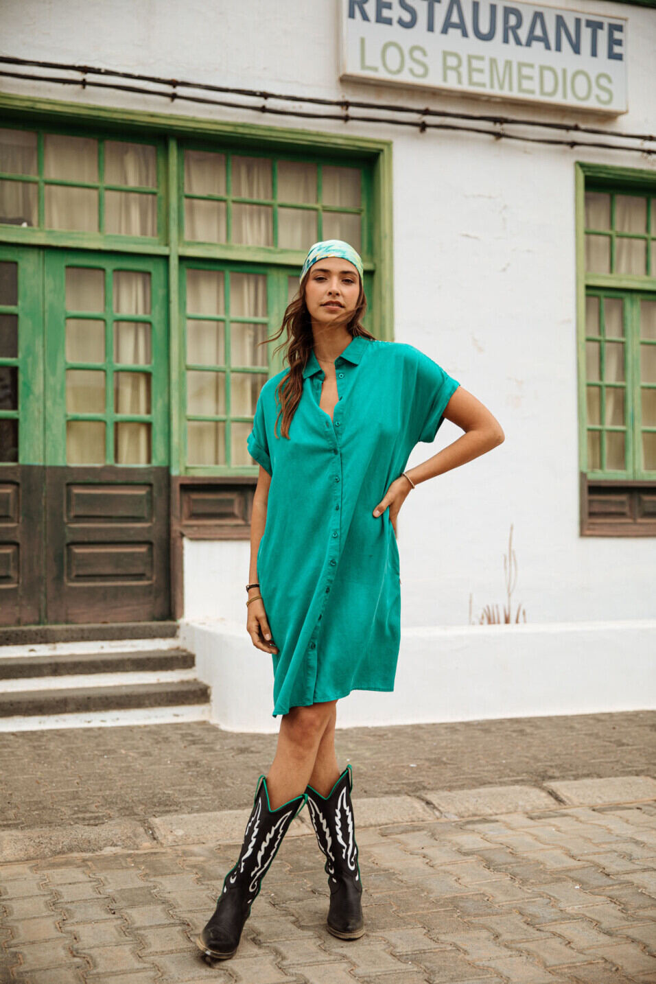 Halblanges Hemdblusenkleid Woman Raffia Plain Tropical green | Freeman T. Porter